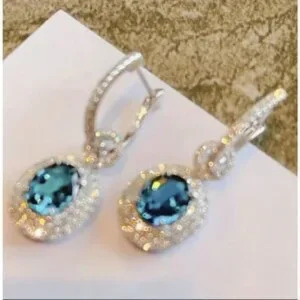 Luxurious Blue Diamond Dangle Earrings - Picture 3 of 7
